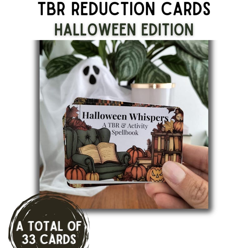 A set of small cards, each beautifully designed with Halloween-themed imagery, and titled: Halloween Whispers- A TBR and Activity Spellbook. In the colors orange, black and brown. The cards offer 27 reading prompts and 6 activities.