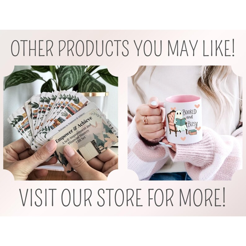 May include: Two products are shown: a set of cards with the text "Empower & Achieve" and a pink mug with a ghost reading a book and the text "Booked and Busy".