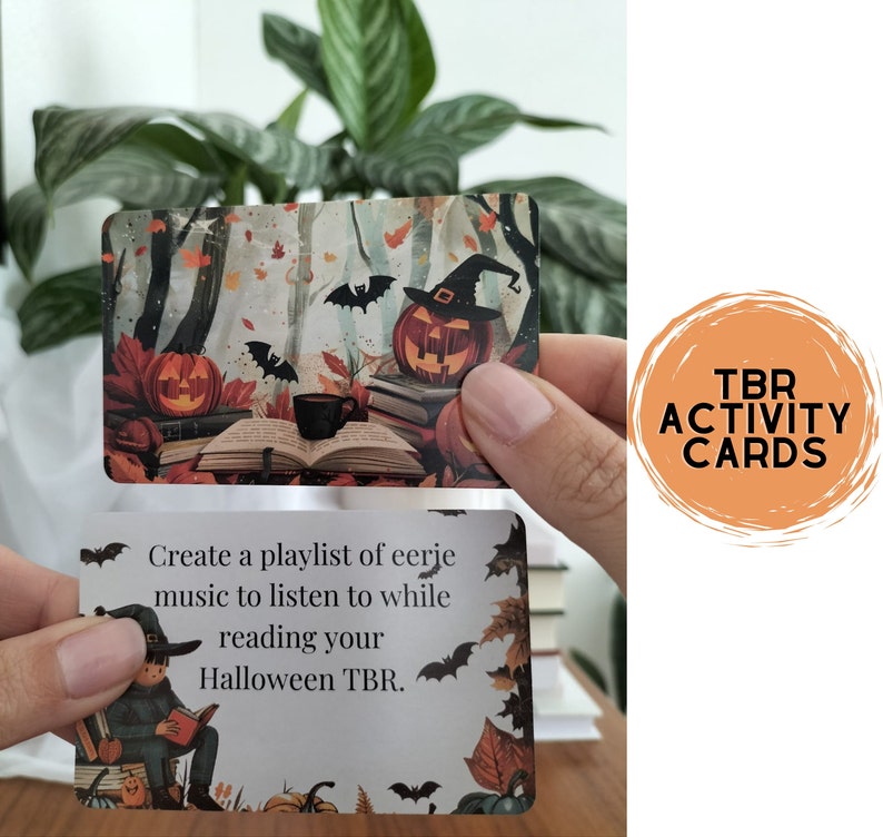 A set of small cards, each beautifully designed with Halloween-themed imagery, and titled: Halloween Whispers- A TBR and Activity Spellbook. In the colors orange, black and brown. The cards offer 27 reading prompts and 6 activities.
