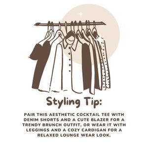 May include: A line of clothing hanging on a rack, including a white button-down shirt, a black shirt, and a striped shirt. The text "Styling Tip:" is below the rack, followed by a description of how to style the shirt.