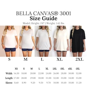 Peut inclure: Guide des tailles Bella Canvas 3001. L'image pr&eacute;sente un tableau des tailles avec des mesures en cm pour diff&eacute;rentes tailles de t-shirts, de XS &agrave; 5XL. Des mod&egrave;les portent des t-shirts de couleurs diff&eacute;rentes.