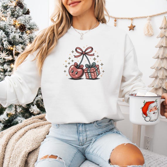 レトロなクリスマスチェリーオーナメントスウェットシャツ、かわいい 