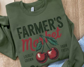 Farmers Market Sweatshirt Vintage Cherry Crewneck, Pullover for Farm Fruits, Red Cherry Shirt Retro Fruit Lover Gift, Spring Country Tee