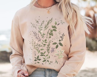 Wickel dich in Landhausstil Wildblumen, Kräuter Botanischer Pullover, Pflanzenfan Rundhals, Garten Sweatshirt Basilikum Pflanzensammler Boho