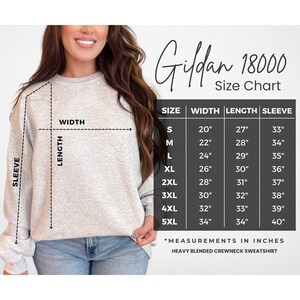 May include: Gildan 18000 Size Chart for a heavy blended crewneck sweatshirt. The chart shows measurements in inches for width, length, and sleeve length for sizes S through 5XL.