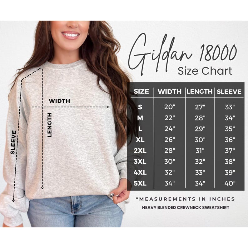 May include: Gildan 18000 Size Chart for a heavy blended crewneck sweatshirt. The chart shows measurements in inches for width, length, and sleeve length for sizes S through 5XL.