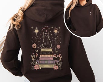 Chemise à capuche chat mystique étoiles lune de sorcière, pull floral céleste amateur de livres, cadeau Cottagecore sombre maman chat, Magic Goth Dark Academia