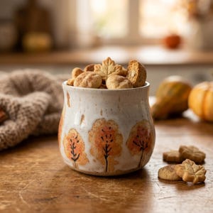 Op de afbeelding: Een witte keramische mok met een ronde vorm, versierd met handgeschilderde oranje en bruine herfstboommotieven. De mok is gevuld met een assortiment lichtbruine koekjes, waaronder bladvormige en ronde varianten, met meer koekjes ernaast geplaatst.