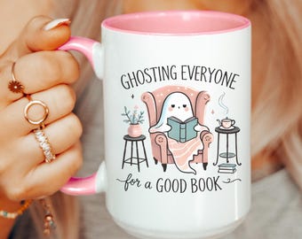 Cute Ghosting Book Mug for Readers Coffee Cup, Book Lover Gift Idea Reading Halloween Ghost Tea Mug, Accent Color Cup Book Addict TBR Girl