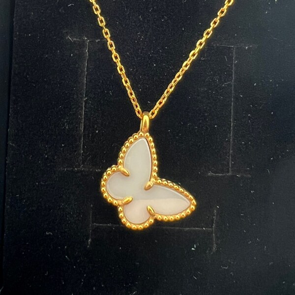 18K Schmetterling Halskette, Gold Zierliche Halskette, Schmetterling Halskette, weiße Keramik Schmetterling Halskette, 18K Solid Gold