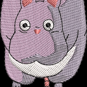 May include: A pink and gray embroidered cartoon rat with large eyes and a long tail.