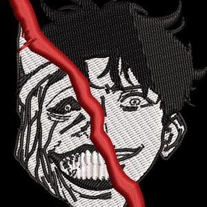 Puede incluir: Una imagen bordada en blanco y negro de un rostro humano con una línea roja que lo divide en dos. La persona sonríe con una expresión siniestra.