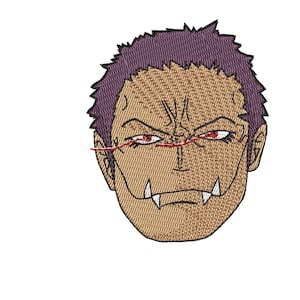 May include: Embroidered patch of a cartoon character with purple hair, red eyes, and a large, toothy grin.