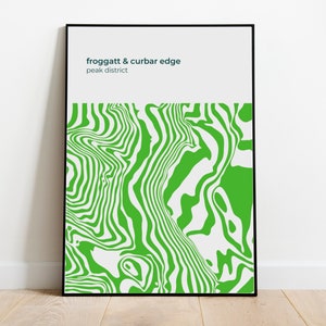 Puede incluir: Un póster enmarcado con un diseño abstracto verde y blanco. El texto "frogatt & curbar edge" y "peak district" está impreso en el póster.