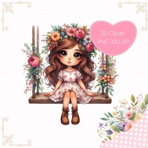 Whimsical Garden Swing Girl PNG, 20 Cute Doll Graphics, Watercolor Clipart, Cottagecore Art, Fantasy Flower Illustration, Commercial Use