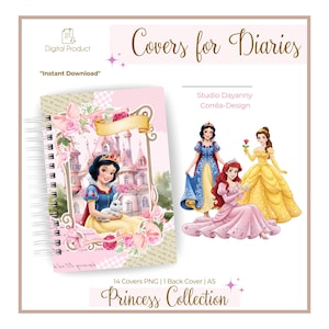 Pode incluir: Imagem de um produto digital com capas de diário com tema de princesas. O design inclui ilustrações de princesas da Disney, um castelo e o texto "Covers for Diaries" e "Princess Collection."