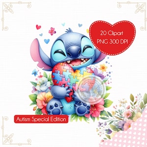 Puede incluir: Ilustración digital de un personaje de dibujos animados azul sosteniendo un rompecabezas en forma de corazón. El corazón está hecho de piezas de rompecabezas de colores. El personaje está rodeado de flores y se muestra el texto "Autism Special Edition".