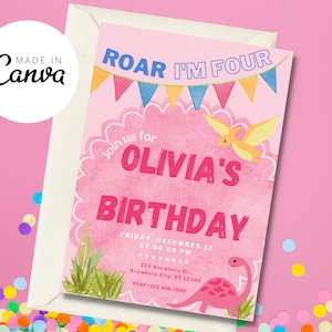 Dinosaur Birthday Invitation, Girl Dinosaur Birthday Invitation, Roar I’m Four Birthday Party, Editable Dinosaur Invite, Printable Dinosaur