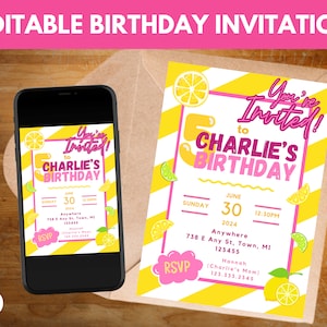 Lemon Party Invitation, Lemonade Birthday Party Invite, Lemon and Lime Birthday Invitation, Pink Lemonade Party, Summer Lemonade Party