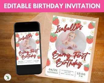 Invitación de primer cumpleaños de Berry: Invitación de fiesta de fresas (Descarga digital)