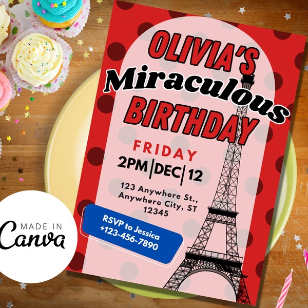 Miraculous ladybug invitation Paris Birthday Party Invite customizable photo template For Boy or Girl Lady Bugs Birthday Eiffel Tower Party