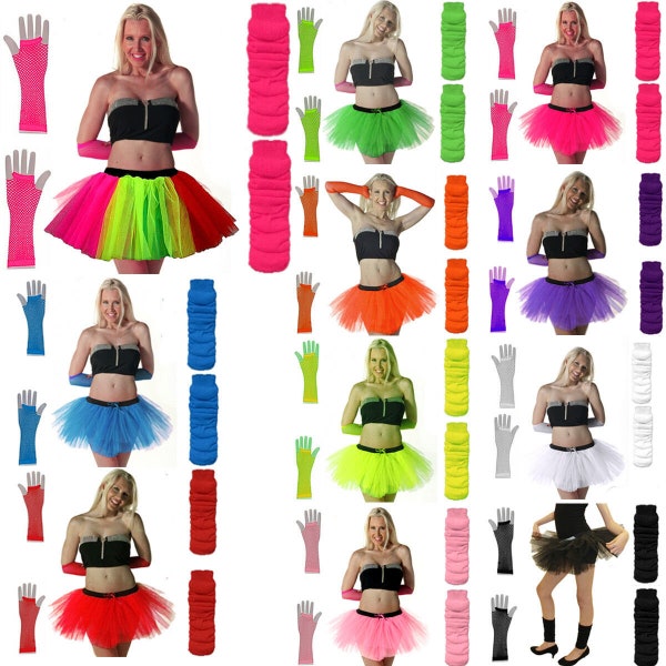 Ladies Neon Tutu Skirt Fancy Dress 3PCS Set Adult Legwarmer Fishnet Gloves 80's Hen Party Dress