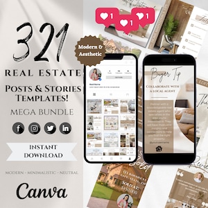 321 Social Media Real Estate POSTS & STORIES BUNDLE | Realtor Instagram Editable Canva Templates