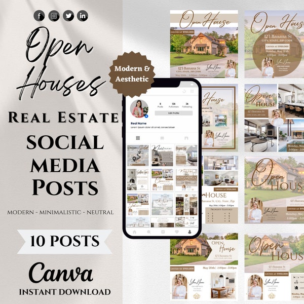 10 Open House Social Media Posts | Real Estate Open House Instagram Posts | Realtor Marketing | Canva Templates