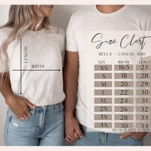 May include: Size chart for Bella + Canvas 3001 t-shirts, showing measurements in inches for width and length for sizes XS to 4X.