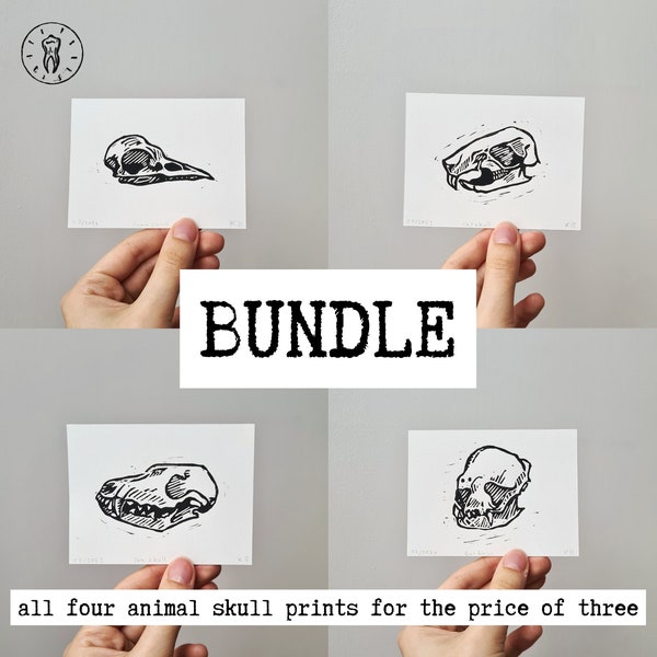 BUNDLE Todos los 4 Mini Animal Skull Handprinted Lino Print Crow, Rat, Fox, Bat 4 x 5 in