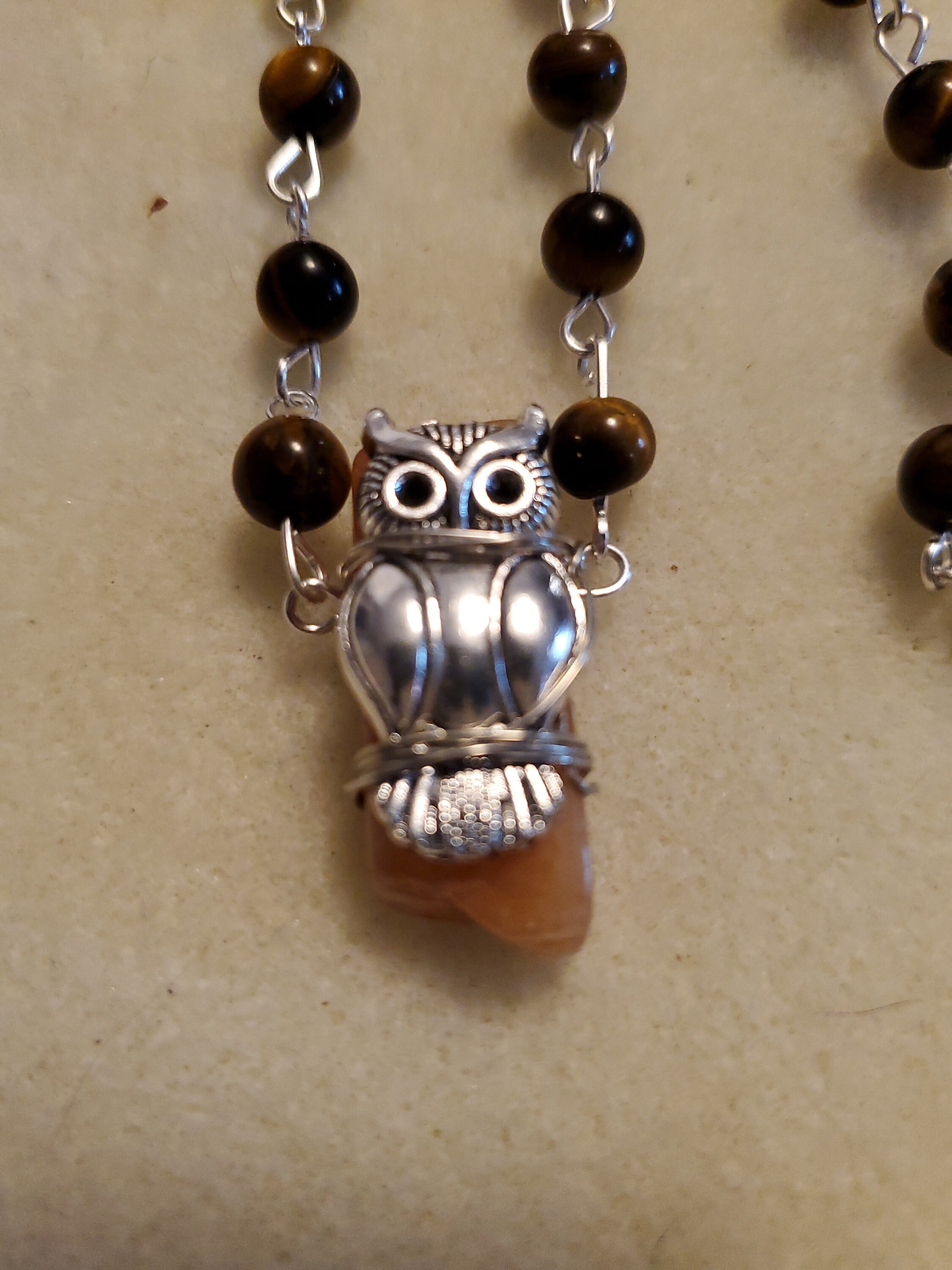 Tigers eye bead and natural stone Owl Necklace