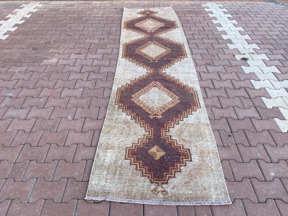 3X12 Vintage Runner, Hand Made Rug, Neutral Narrow Rug, 12 Ft Oushak Runner, 3x12 Turkish Rug, Long Hallway Rug, 3x12 Rustic Rug Runner 3x12