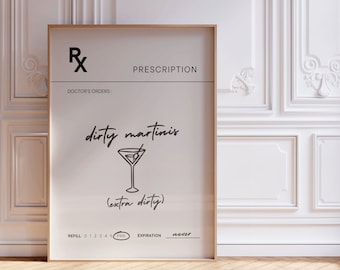 RX Prescription Dirty Martini Wall Art Print, Trendy Cocktail Bar Cart Poster, Handwritten Aesthetic Decor,  Alcohol Kitchen Girl Dorm Room