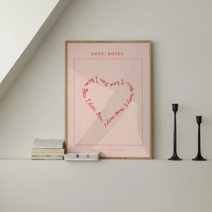Print I Love You Note, poster roze coquette, hartkunst, romantische muurdecoratie, cadeau voor haar, preppy retro slaapzaal, esthetische slaapkamerkunstwerk, Y2K