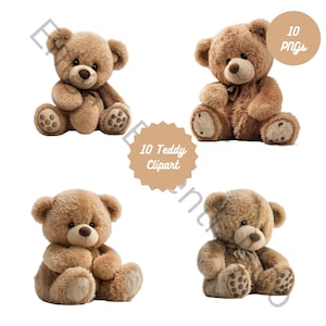 10 Teddy Fluffy Clipart - High Quality PNGs - Scrapbook, Clip Art, Journal, Digital Planners - Commercial License - Instant Digital Download
