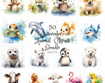 50 Watercolor Animal Bundle, Floral, Clipart, PNG Format, 50 High Quality PNGs, Instant Download, Commercial Licence