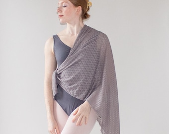 Grey Stretch Lace Knit Wrap Shawl – Dance Warmup Layer, Handmade Ireland
