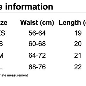 Op de afbeelding: Maattabel met taille- en lengtemaat in centimeters voor maten XS, S, M en L.