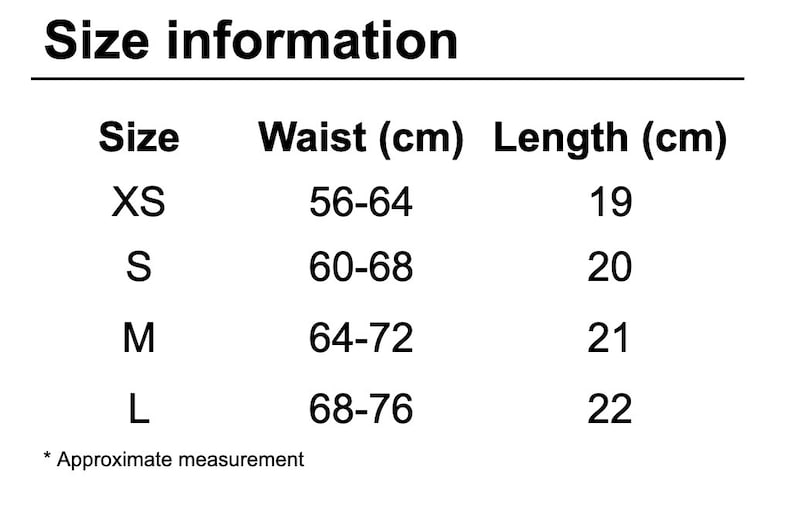 Op de afbeelding: Maattabel met taille- en lengtemaat in centimeters voor maten XS, S, M en L.