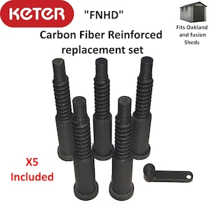 May include: A set of five black carbon fiber reinforced replacement bolts and a small black tool. The text on the image reads "Keter", "FNHD", "Carbon Fiber Reinforced replacement set", "Fits Oakland and fusion Sheds", and "X5 Included".