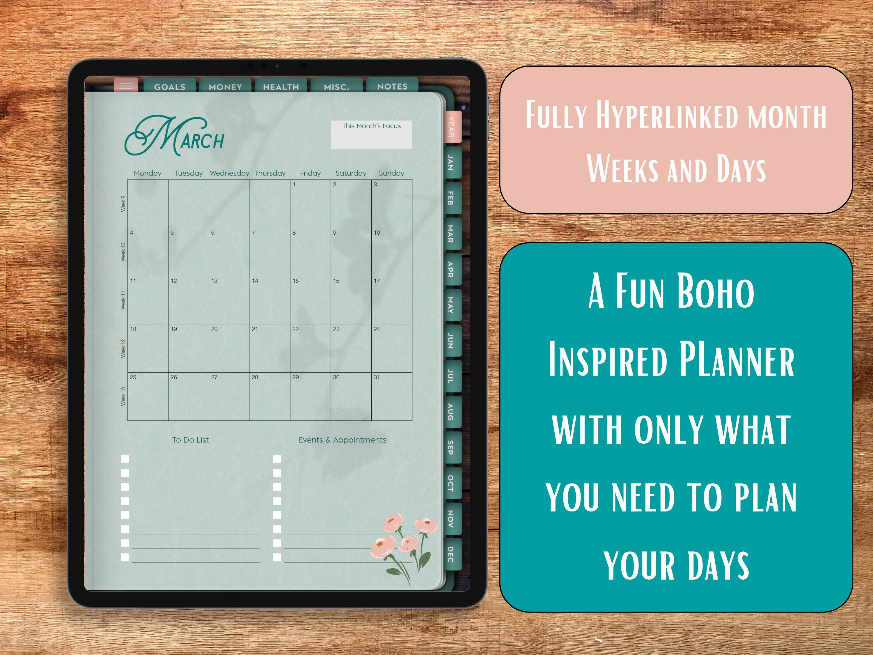 Fondly Floral 2024 Digital Planner With Google Calendar and Hyperlinks to Monthly, Weekly and