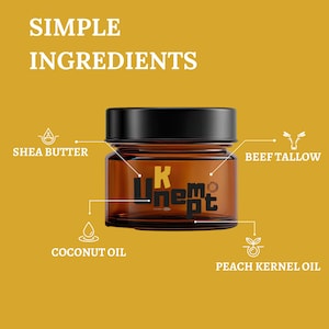 May include: A brown glass jar with a black lid, labeled "K Unempt," is set against a mustard-yellow background. The text "SIMPLE INGREDIENTS" is at the top. Ingredient labels include shea butter, coconut oil, beef tallow, and peach kernel oil.