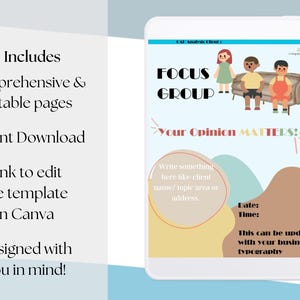 Może przedstawiać: Cyfrowy szablon do spotkania fokusowego. Szablon zawiera ilustrację kreskówkową trzech osób siedzących na kanapie. Tekst "Focus Group" jest dużymi, pogrubionymi literami. Tekst "Your Opinion Matters!" jest mniejszymi literami pod ilustracją. Szablon zawiera miejsce na datę, godzinę i opis tematu spotkania fokusowego.