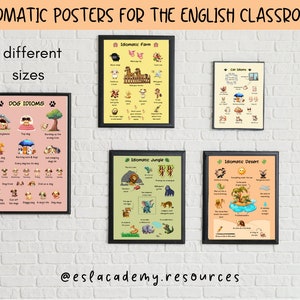Idiomatische Poster. Englische Redewendungen Poster. Wandkunst für den Englischunterricht. Klassenzimmer Deko. Niedliche Tiere Poster. Illustrierte Redewendungen.