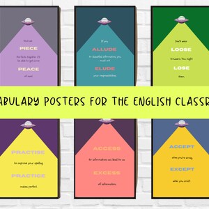 Set of 6 Posters for the English classroom (printable wall art) ESL /EFL teachers. Vocabulary posters. Classroom decoration.