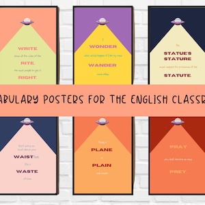 Set of 6 English Vocabulary Posters -homophones- (printable wall art) Classroom deco. English teacher resources. Decoration  ESL Classroom.