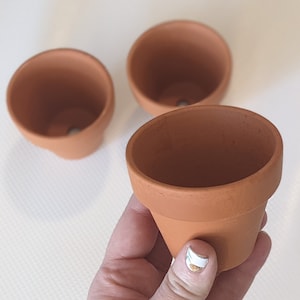 May include: Three terracotta pots, one is being held in a hand. The pots are small and have a drainage hole at the bottom.