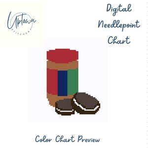 Può includere: Anteprima del grafico digitale a punto croce con un'illustrazione pixelata di un barattolo di burro di arachidi e due biscotti. Il barattolo ha sezioni rosse, marroni, verdi e blu. I biscotti sono marroni con ripieno bianco. Il testo include "Digital Needlepoint Chart".