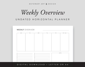 Weekly Overview Planner, Landscape / Horizontal - UNDATED (Digital Download)