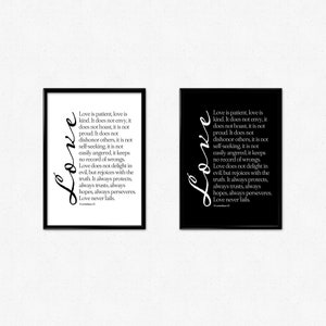 1 Cor 13, liefde is geduldig, liefde is vriendelijk, bijbelvers kunst aan de muur, minimale muurkunst, schrift afdrukbaar, christelijk muurdecor, boerderijdecor